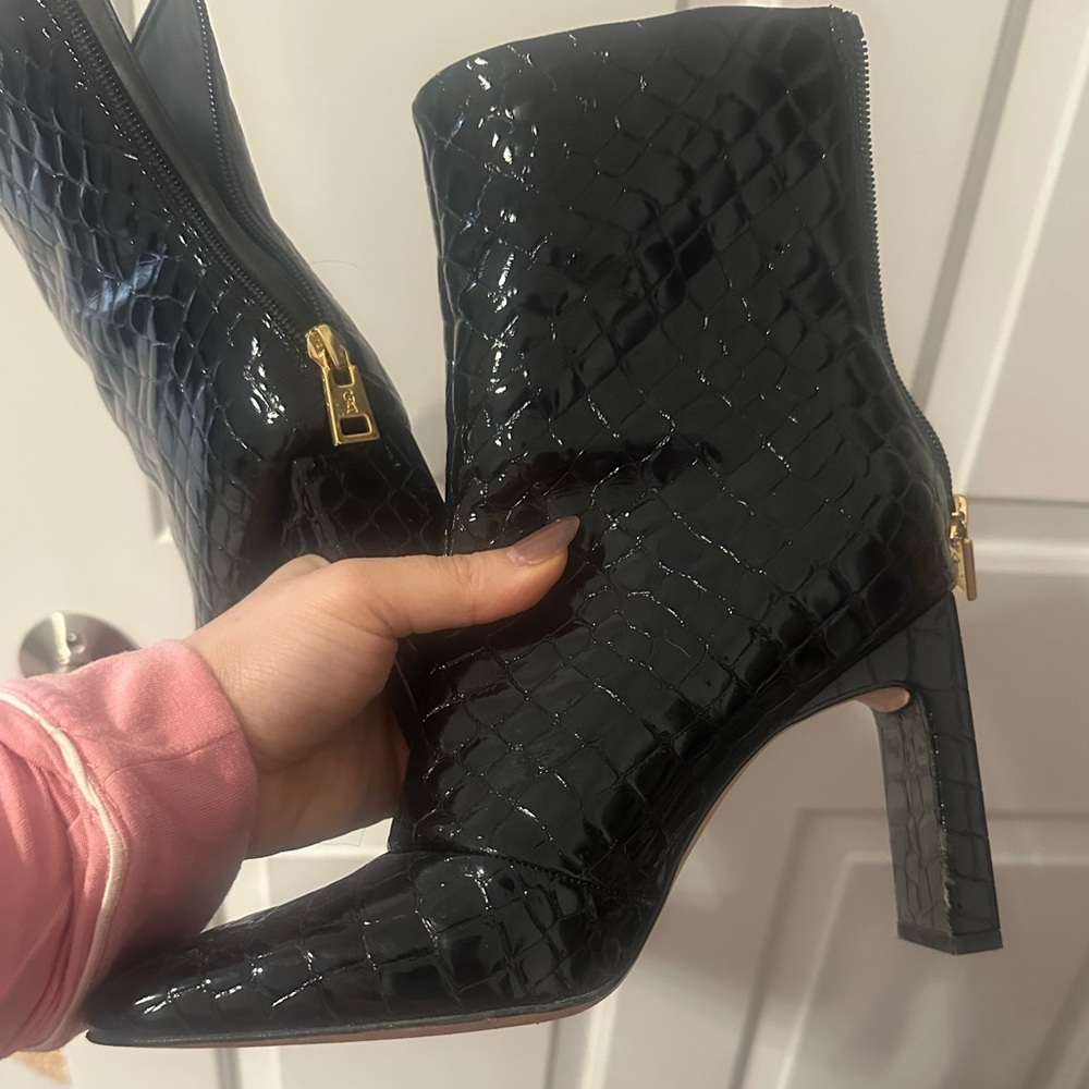 Good American Croc Embossed Black Patent Square Toe Bootie